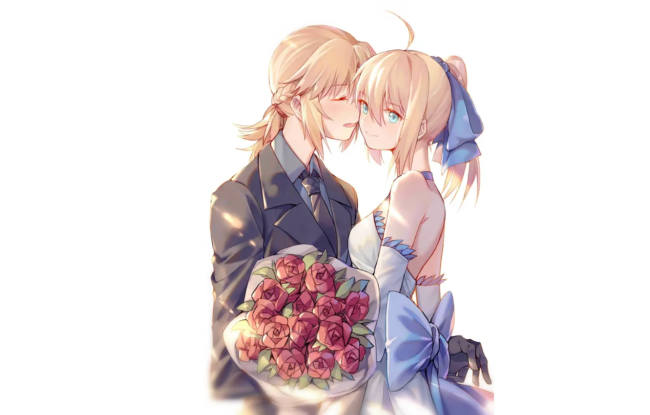 Photo wallpaper costume, neckline, white background, bow, blue dress, almost kiss, Fate / Stay Night, the guy …