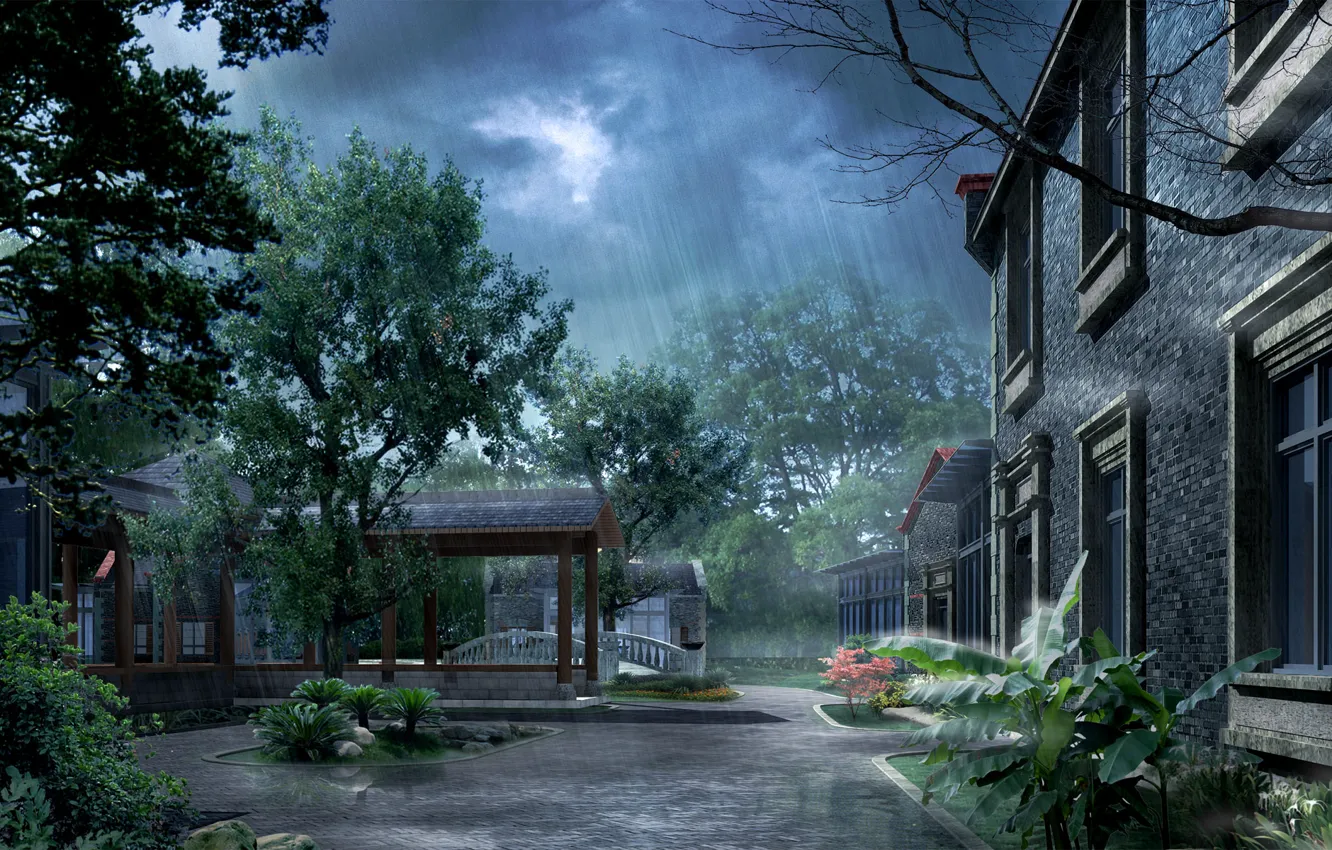 Photo wallpaper rain, photoshop, yard