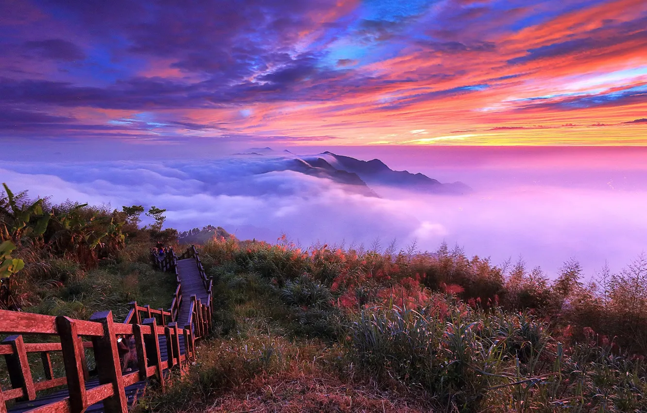 Photo wallpaper the sky, clouds, sunset, mountains, ladder