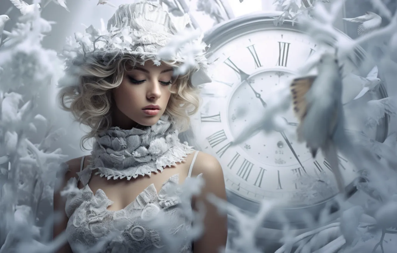 Photo wallpaper winter, frost, girl, snow, time, pose, watch, hat