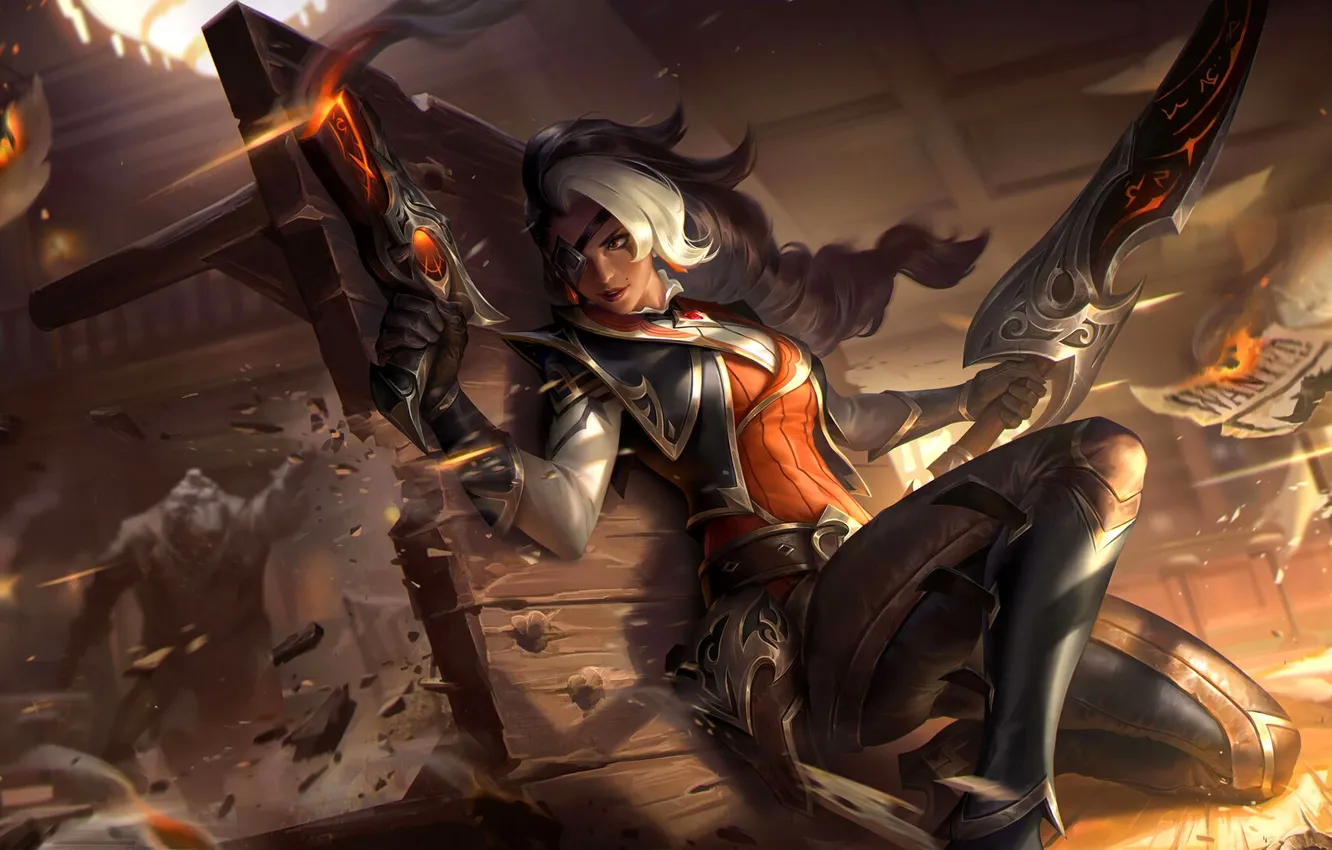 Photo wallpaper girl, sword, gun, fantasy, game, battle, League of Legends, weapons