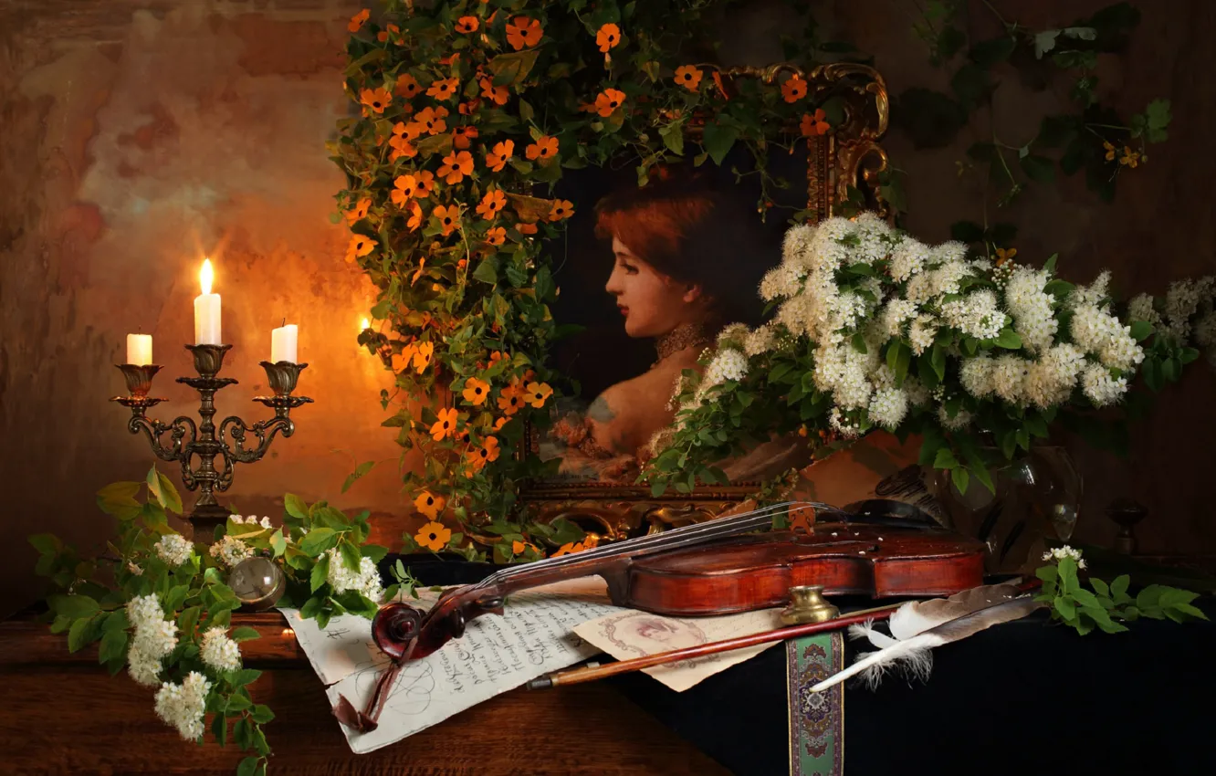 Photo wallpaper flowers, violin, candle, picture, still life