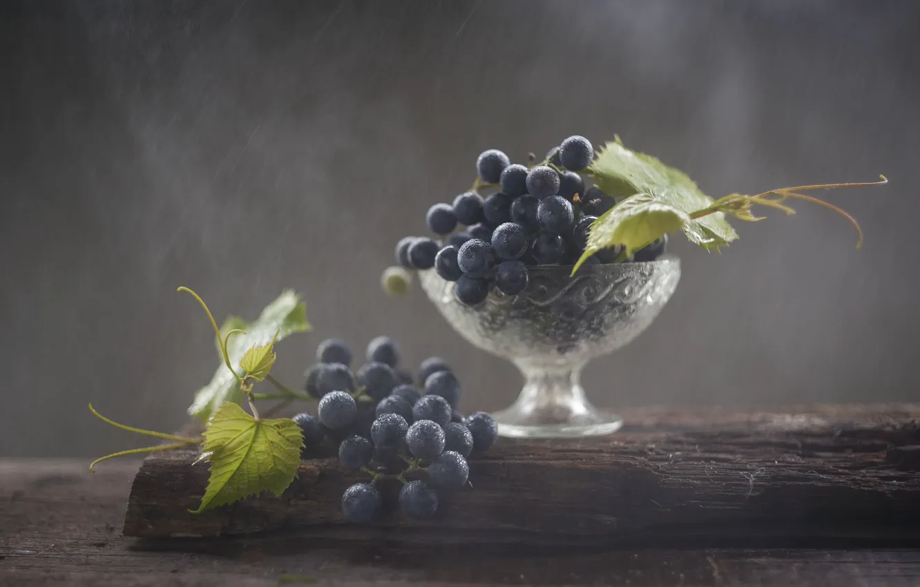 Photo wallpaper leaves, blue, rain, Board, grapes, still life, vase, bunch of grapes