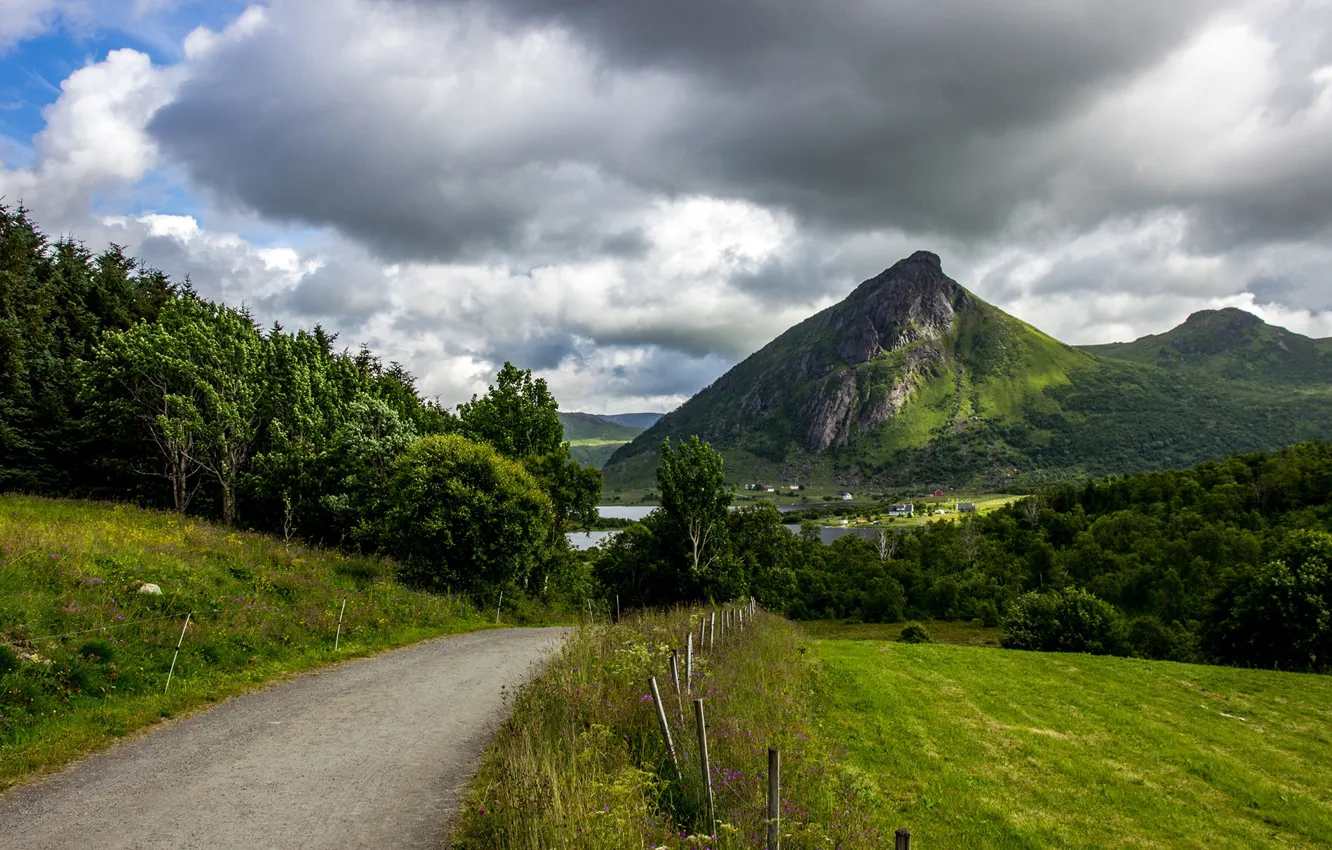 Photo wallpaper road, greens, grass, clouds, trees, mountains, nature, Norway
