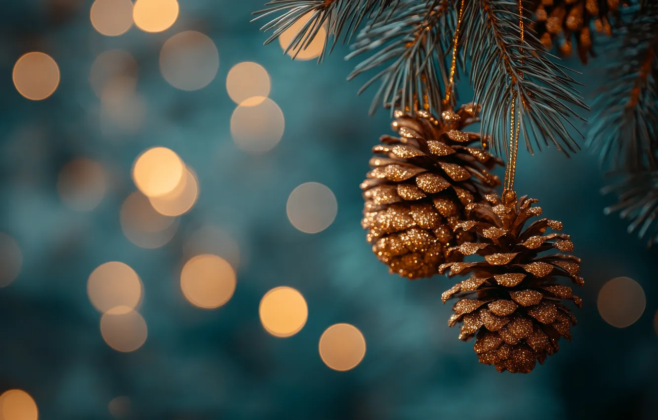 Photo wallpaper lights, new year, Christmas, gold plated, needles, bumps, blue background, bokeh