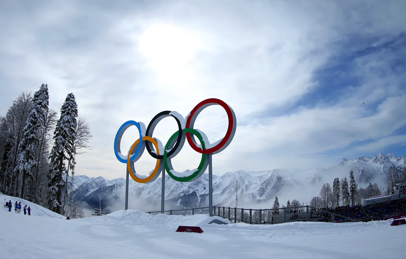 Photo wallpaper winter, snow, trees, mountains, Russia, The Olympic rings, Sochi 2014, complex Laura