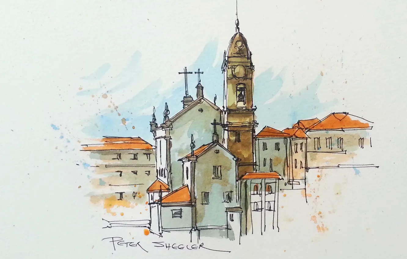 Photo wallpaper figure, home, picture, watercolor, the urban landscape, the bell tower