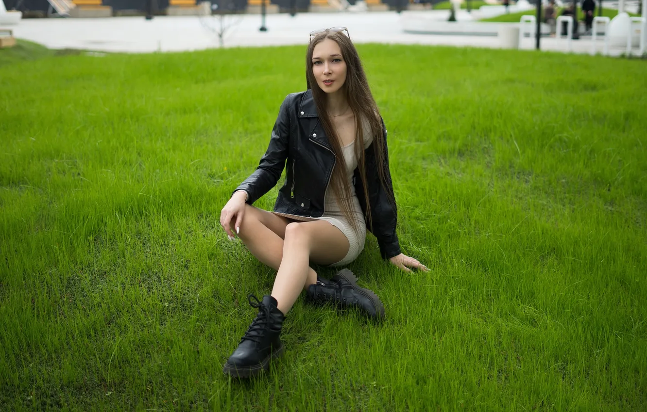 Photo wallpaper girl, grass, model, brunette, white dress, boots, sunglasses, leather jacket