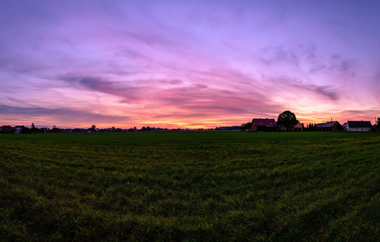 Photo wallpaper grass, twilight, sky, field, landscape, nature, clouds, houses