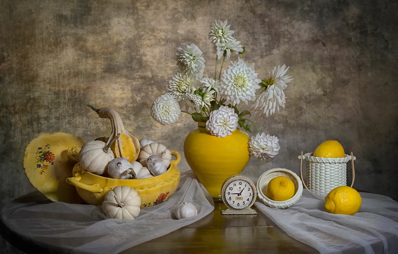 Photo wallpaper fantasy, bouquet, still life, lemons, White Dahlia Flowers