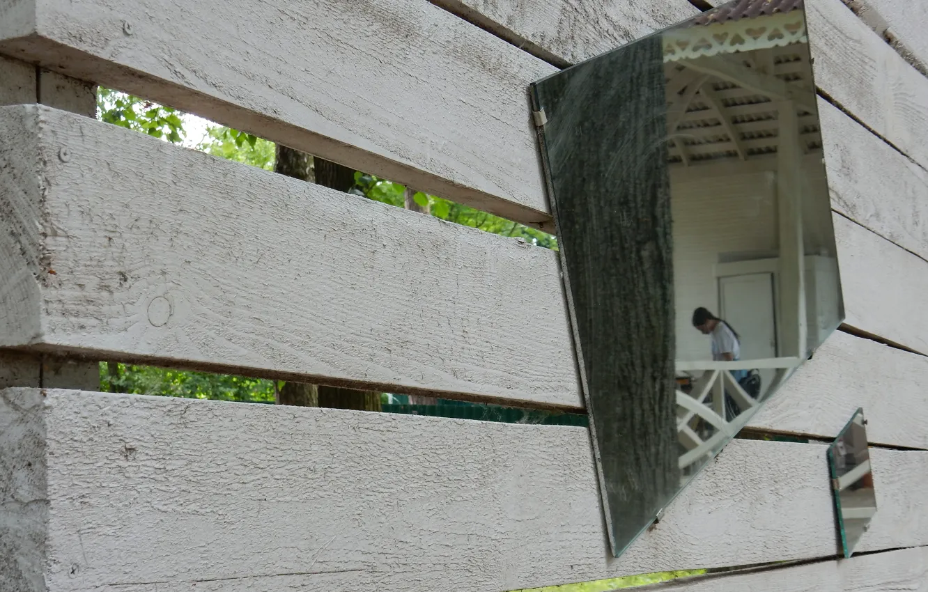 Photo wallpaper greens, summer, girl, reflection, widescreen, Wallpaper, the fence, mirror