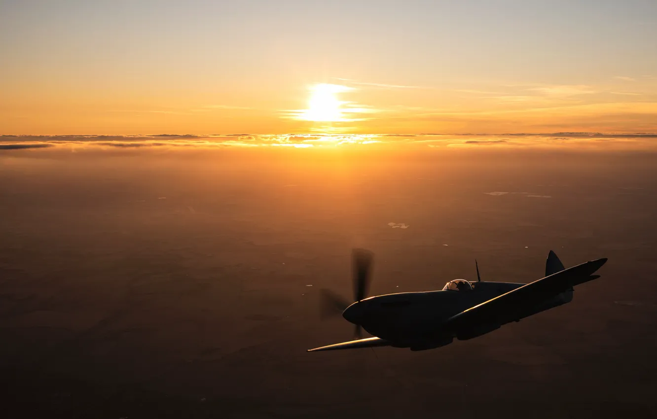 Photo wallpaper Sunset, Screw, Fighter, Spitfire, RAF, The Second World War, Supermarine Seafire, Spitfire PR.Mk XI
