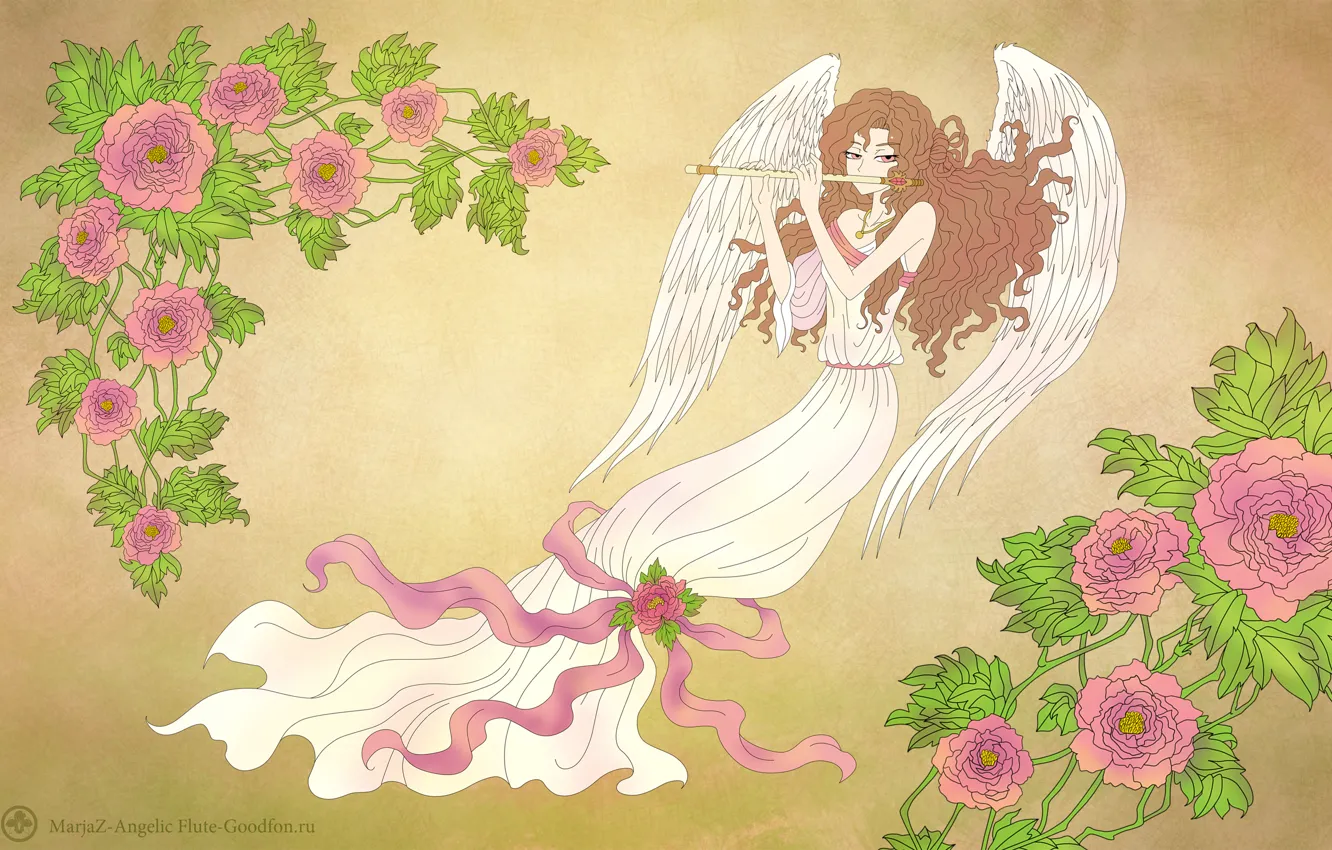 Photo wallpaper flowers, girls, angel, anime