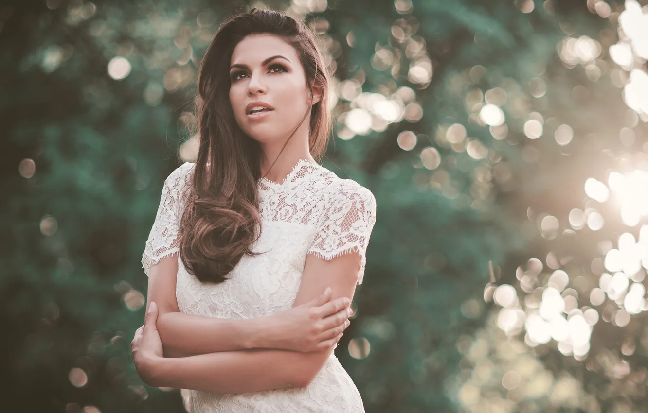 Photo wallpaper white, look, girl, pose, dress, brunette, bokeh