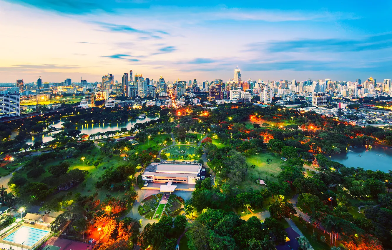Photo wallpaper the sky, sunset, the city, Park, Thailand, Bangkok, Lumpini Park