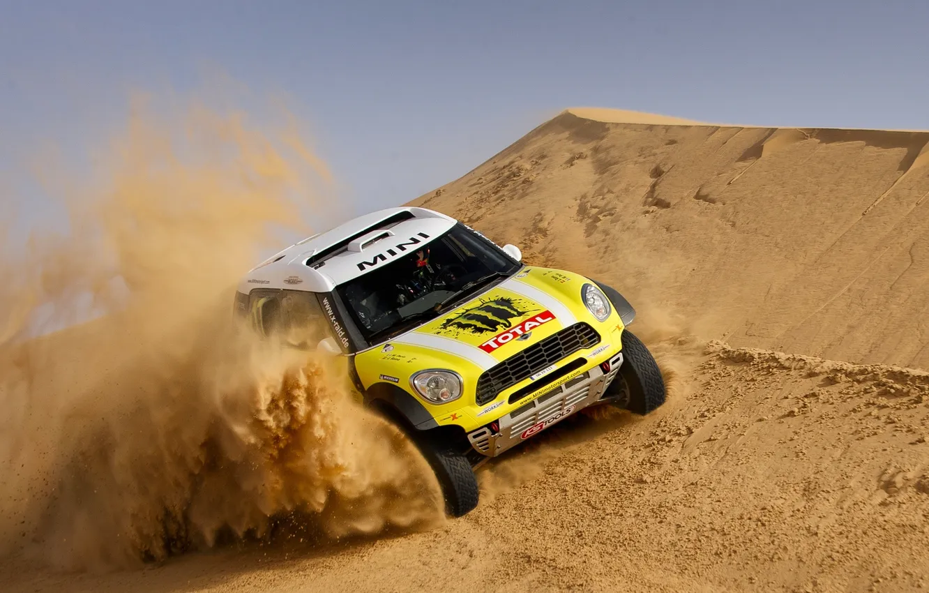 Photo wallpaper sand, yellow, race, sport, Mini, dunes, Mini Cooper, the front