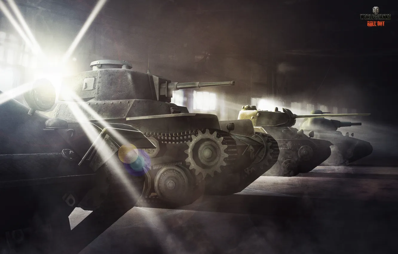 Photo wallpaper France, garage, Germany, hangar, USSR, rays of light, WoT, World of Tanks