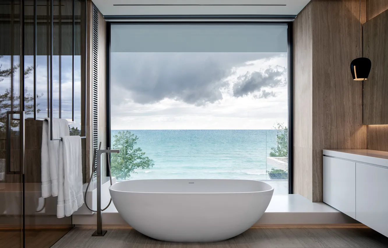 Photo wallpaper house, bathroom, lake landscape