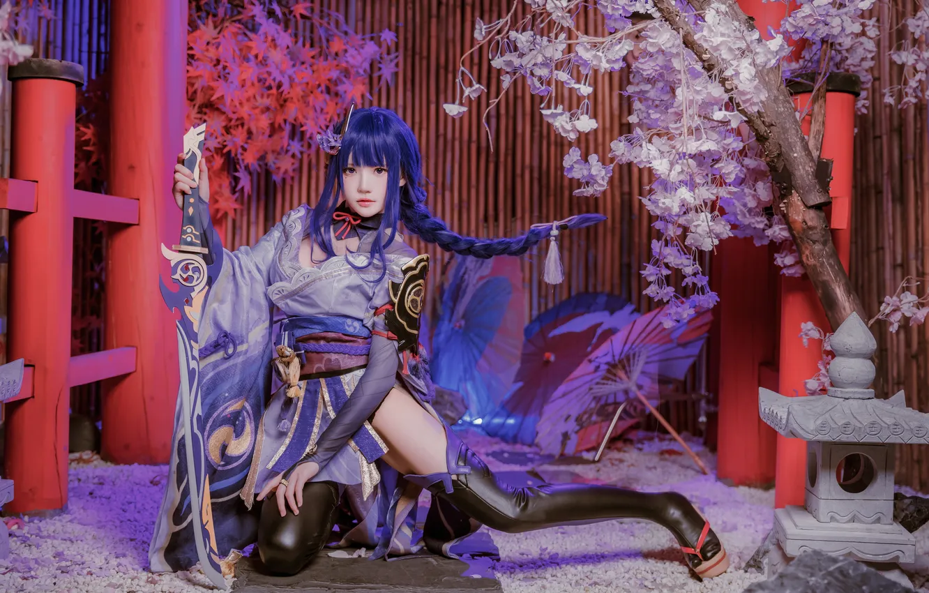 Photo wallpaper pose, weapons, model, sword, Sakura, legs, Asian, beauty