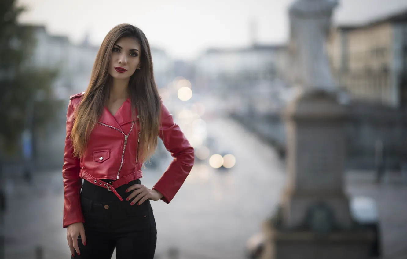 Photo wallpaper look, red, face, model, figure, lipstick, jacket, leather