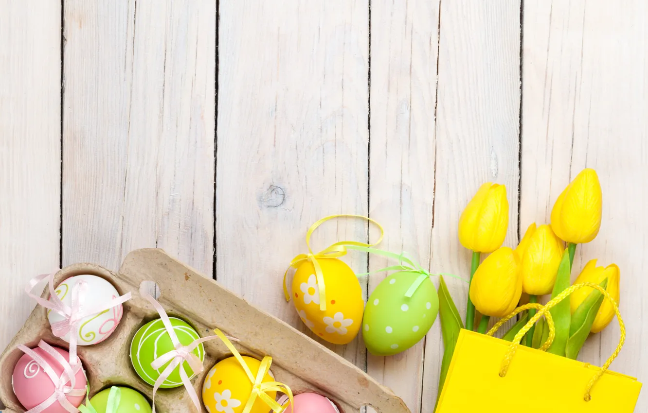 Photo wallpaper Easter, tulips, yellow, wood, tulips, spring, Easter, eggs
