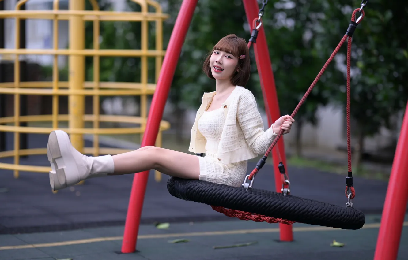Photo wallpaper girl, swing, legs, Asian