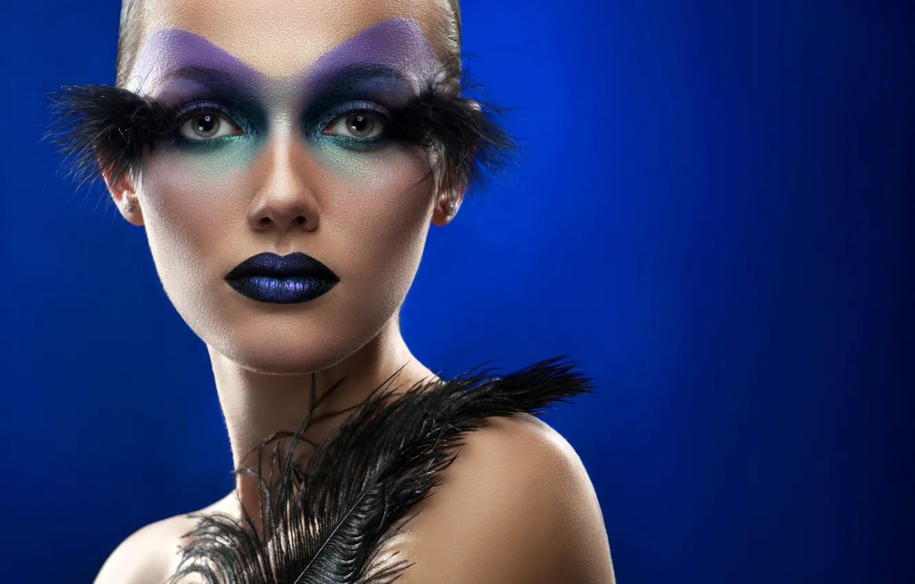 Photo wallpaper look, girl, blue, face, style, background, black, model