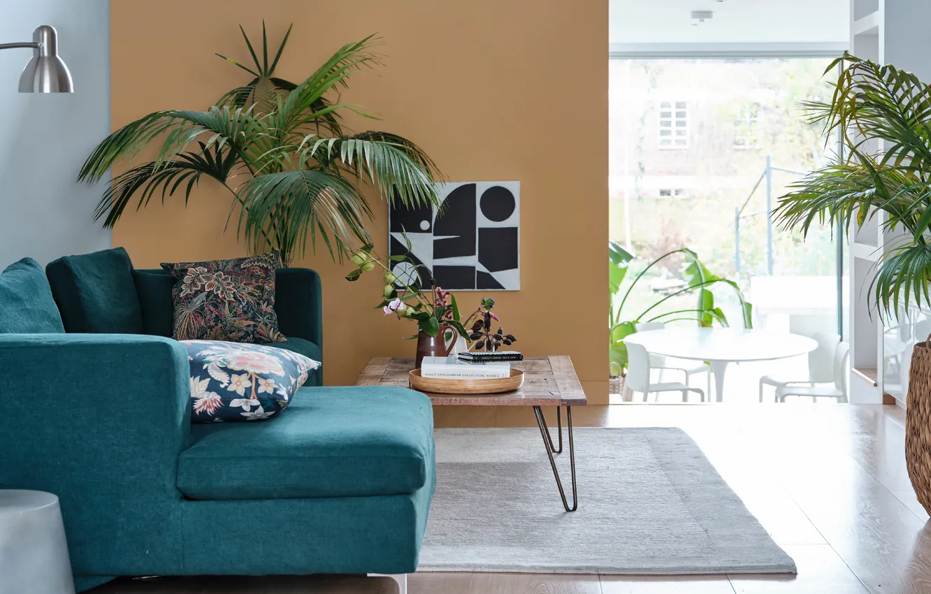 Photo wallpaper design, style, plant, interior, living room, dining room, blue sofa