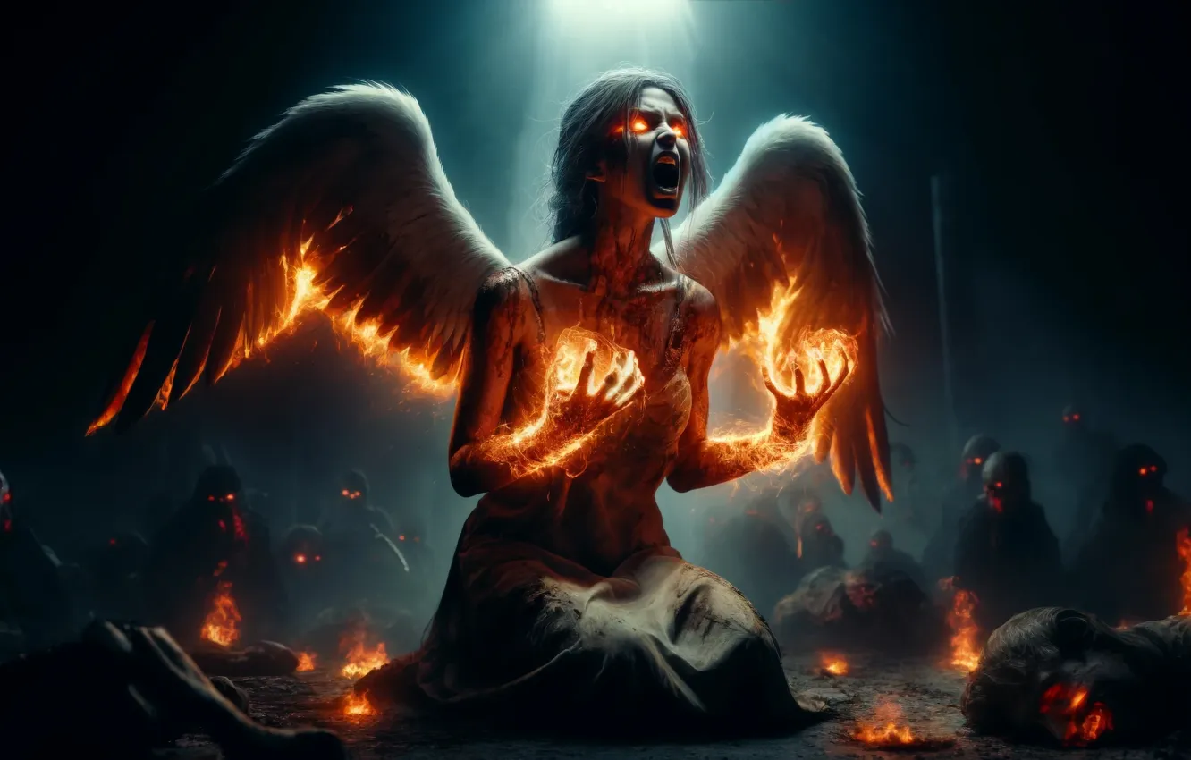 Photo wallpaper demon, flame, fantasy, wings, Angel fall