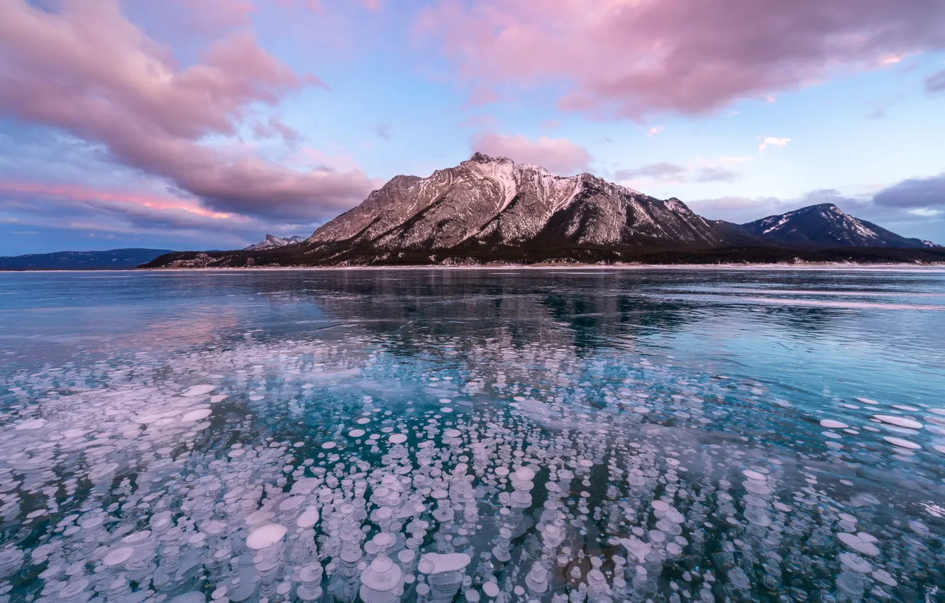 Photo wallpaper winter, the sky, water, clouds, mountains, lake, reflection, bubbles