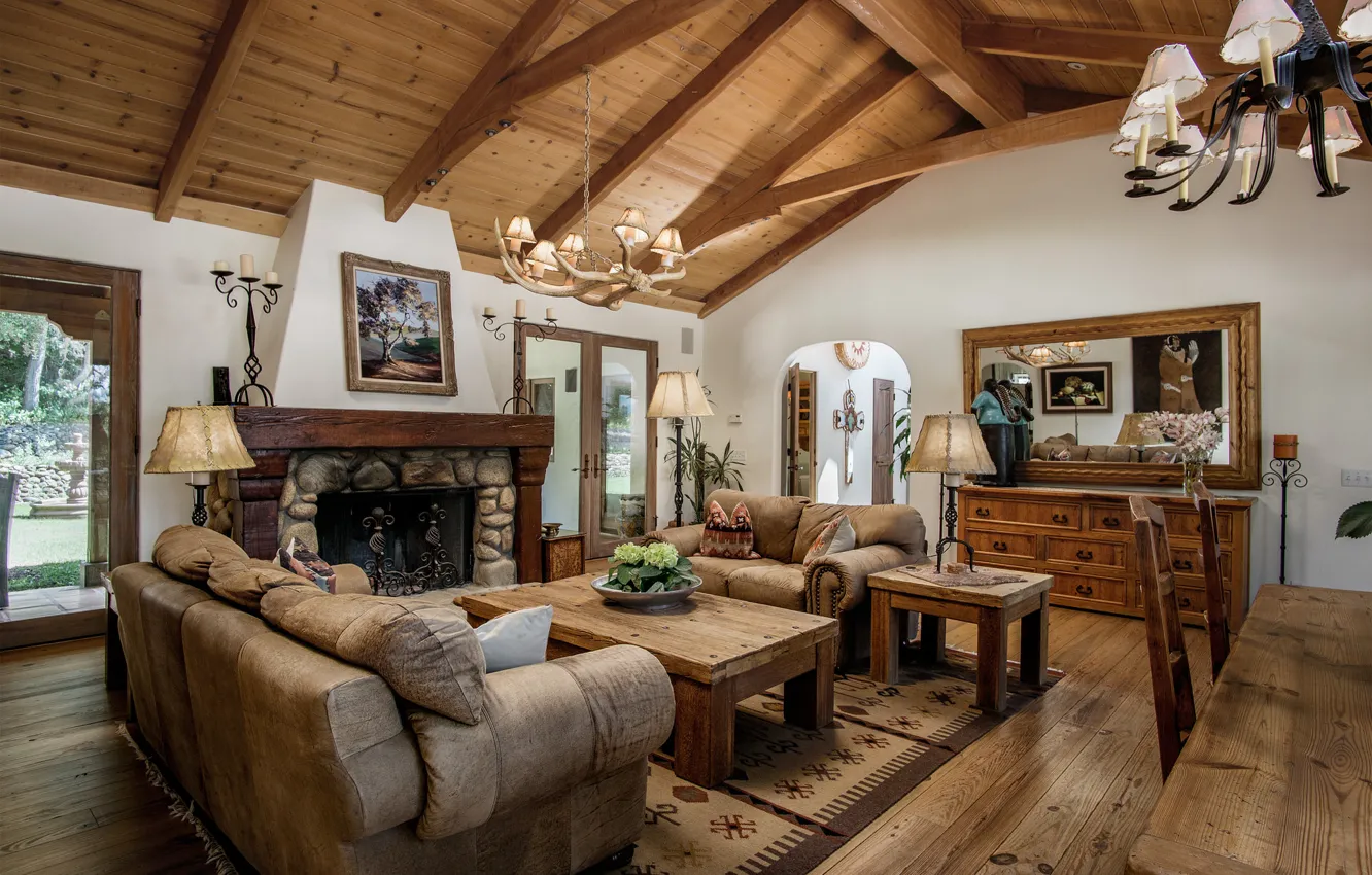 Photo wallpaper trees, design, sofa, chair, mirror, fireplace, table, living room