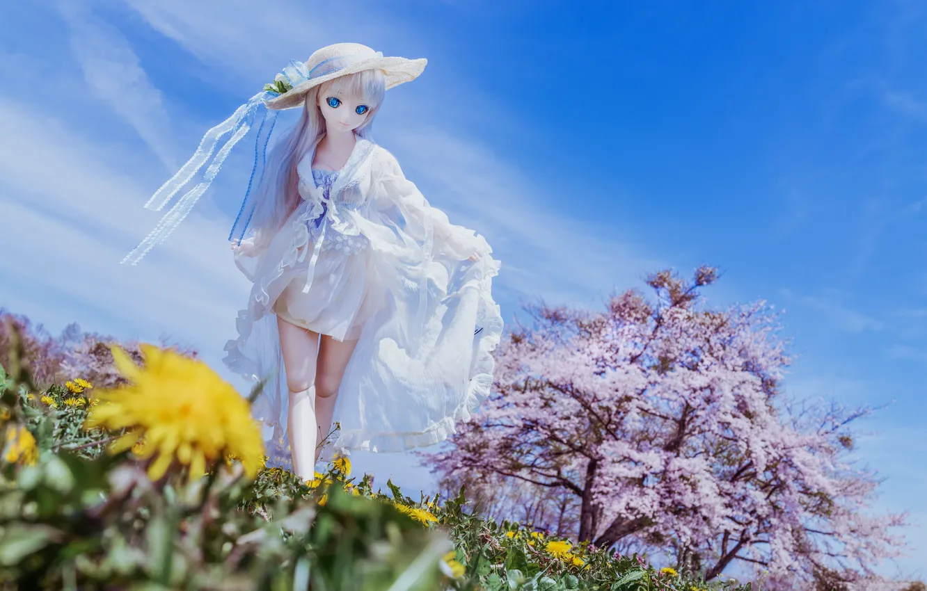 Photo wallpaper the sky, trees, flowers, mood, dandelion, toy, spring, doll