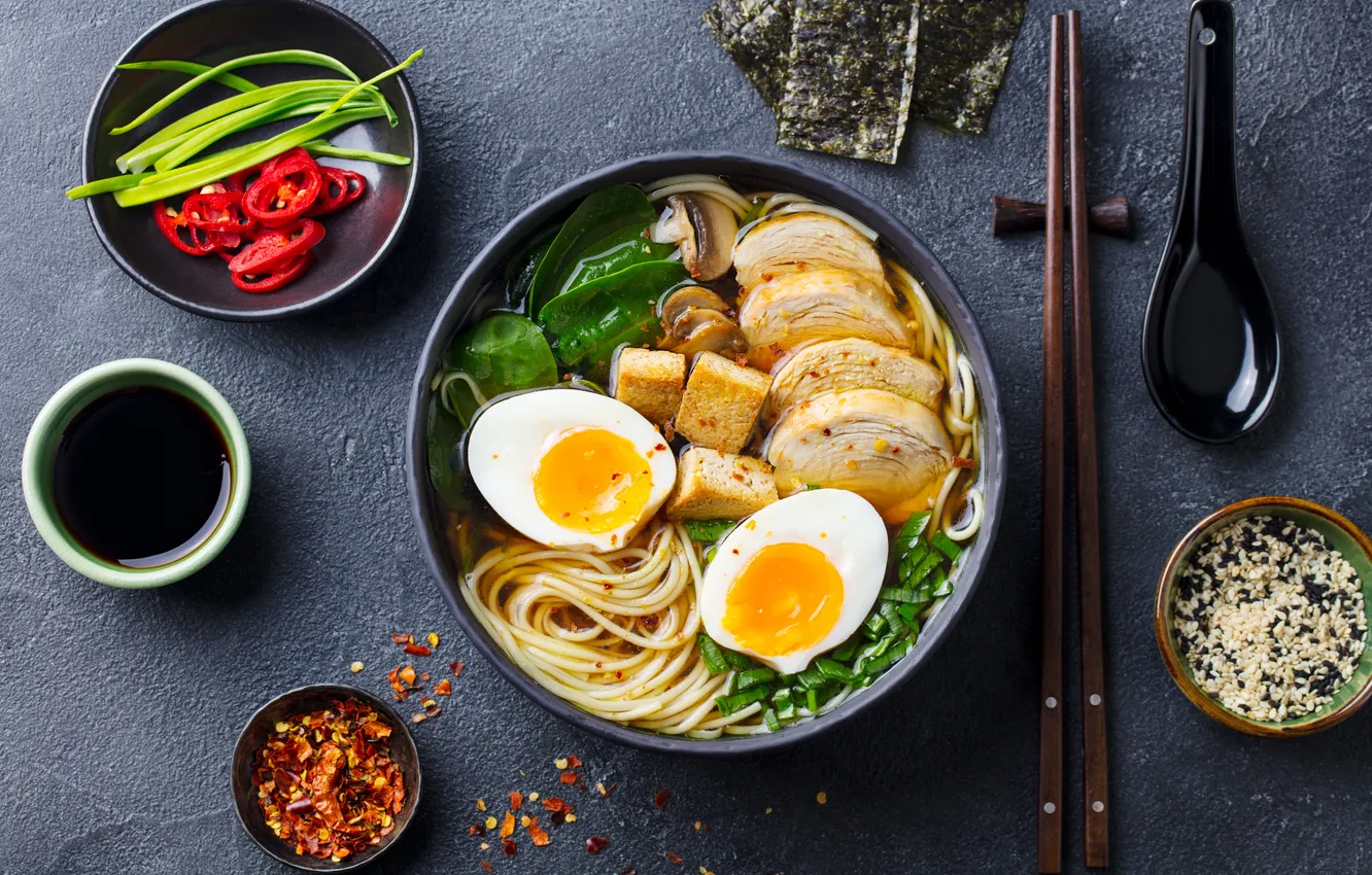 Photo wallpaper plate, noodle, restaurant, salad, noodles, pork, Ramen, slate