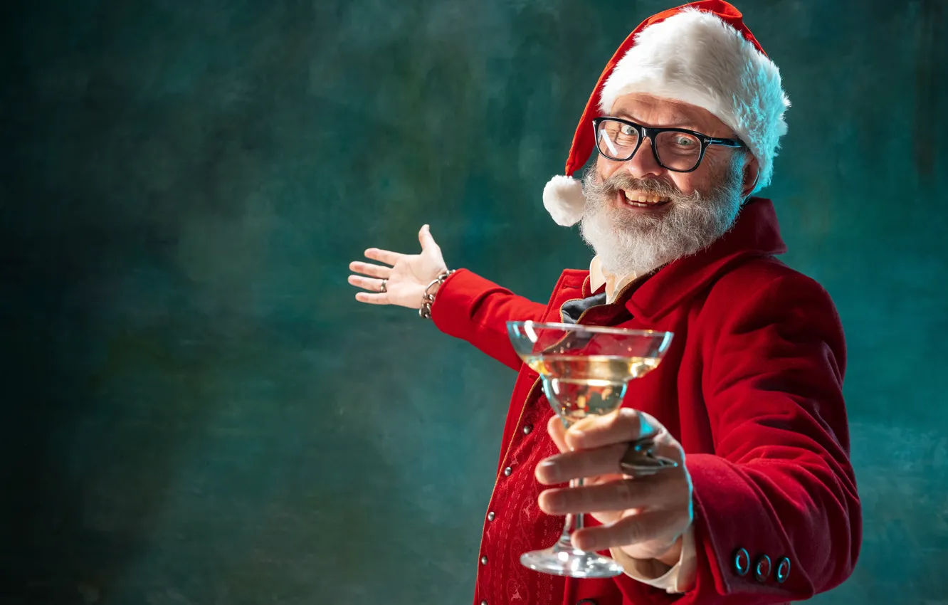 Photo wallpaper wine, glass, hands, Christmas, New year, Santa Claus, champagne, Santa Claus