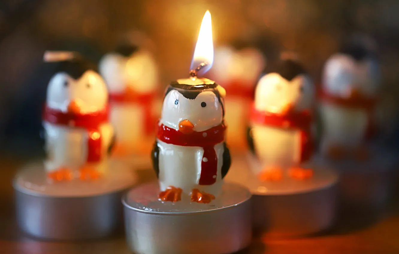 Photo wallpaper new year, blur, candles, Christmas, figures, bokeh, birds, penguin