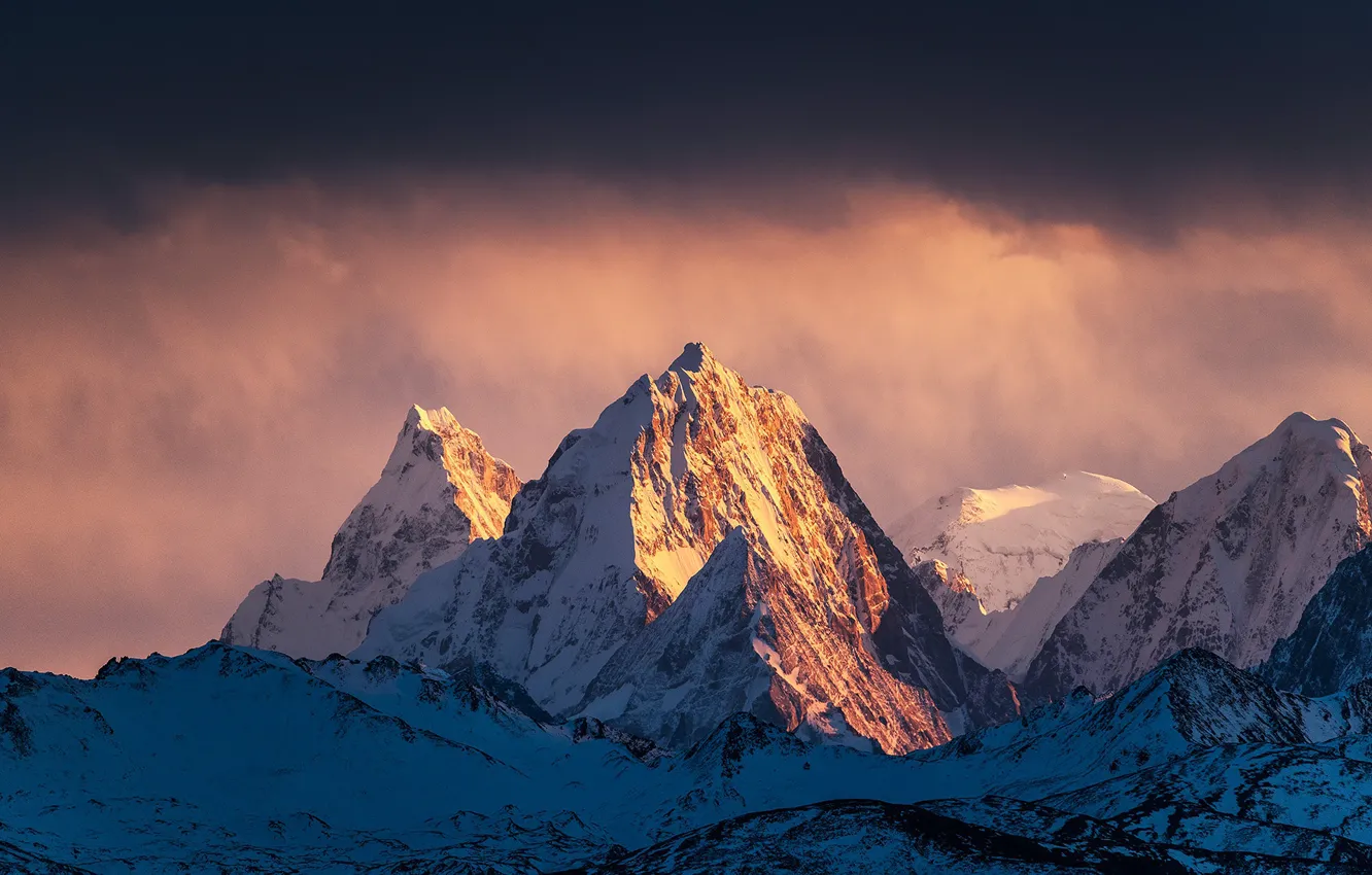 Photo wallpaper winter, the sky, clouds, snow, mountains, clouds, nature, rocks
