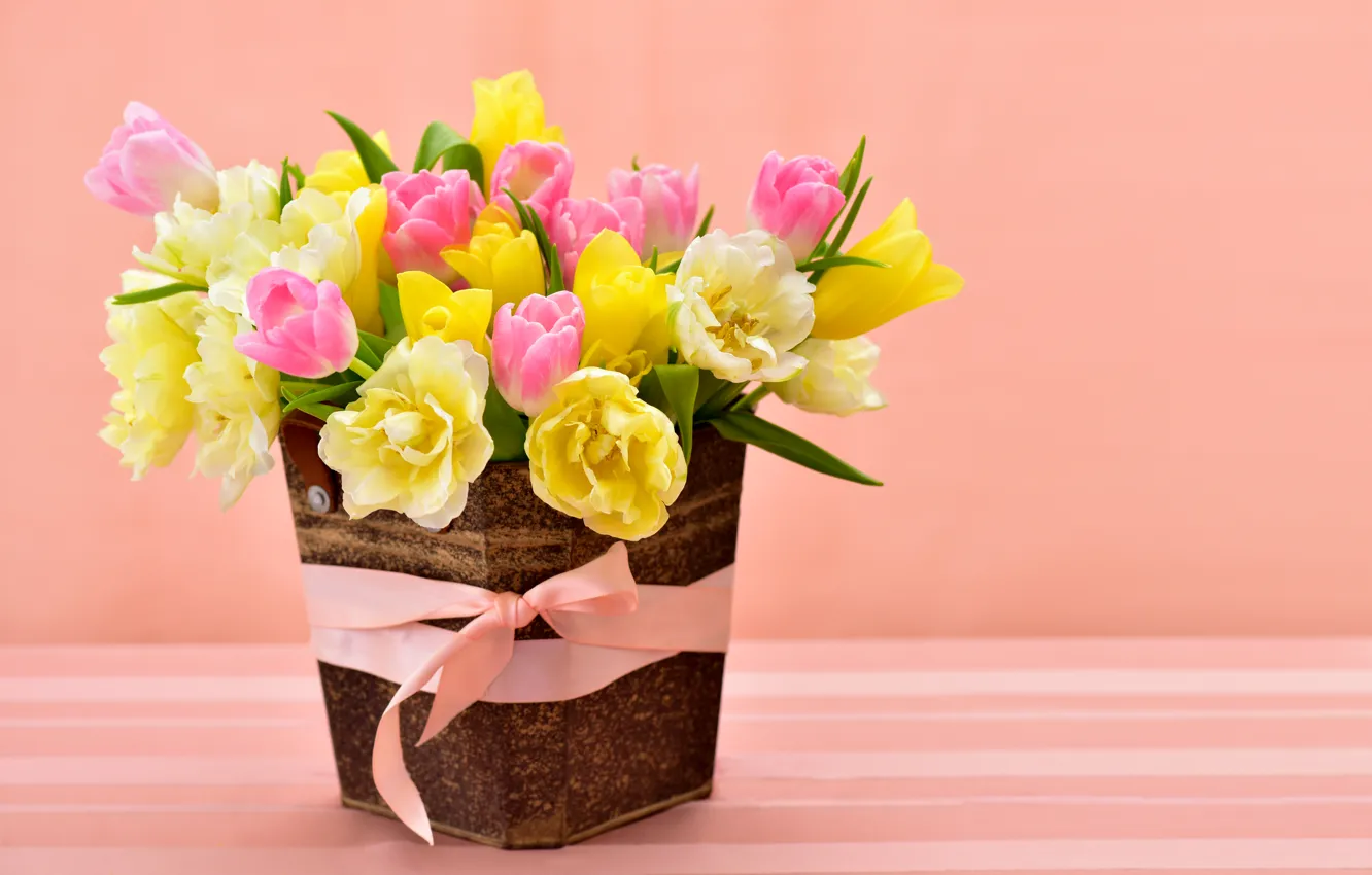Photo wallpaper spring, yellow, colorful, tulips, pink, bow, March 8, flowers