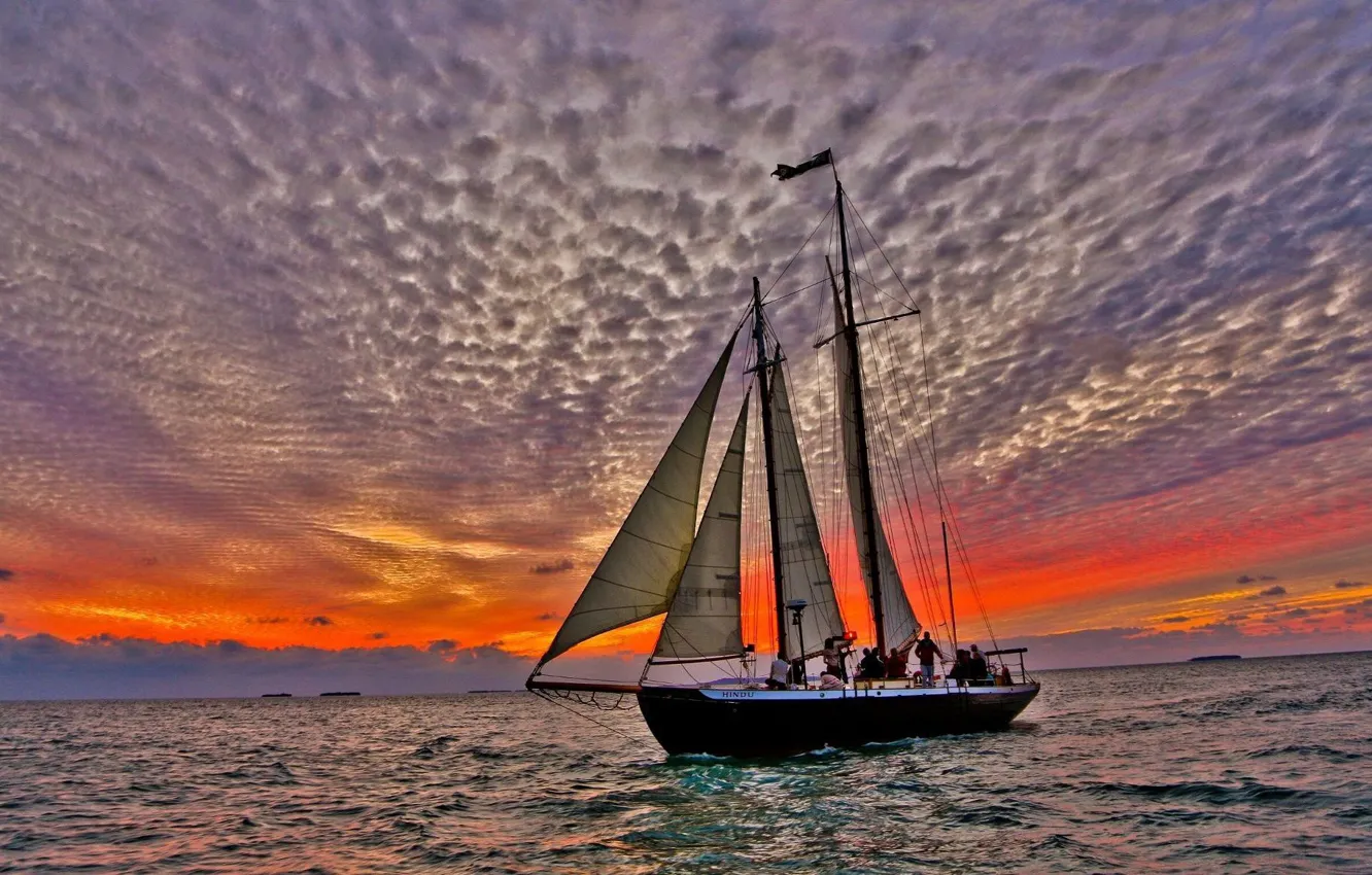 Photo wallpaper sea, clouds, sunset, clouds, ship, sailboat, the evening, Passengers