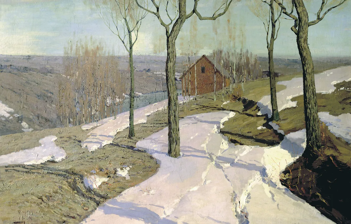 Photo wallpaper trees, landscape, house, oil, Canvas, 1898, The last snow, Wilhelm PURVIT