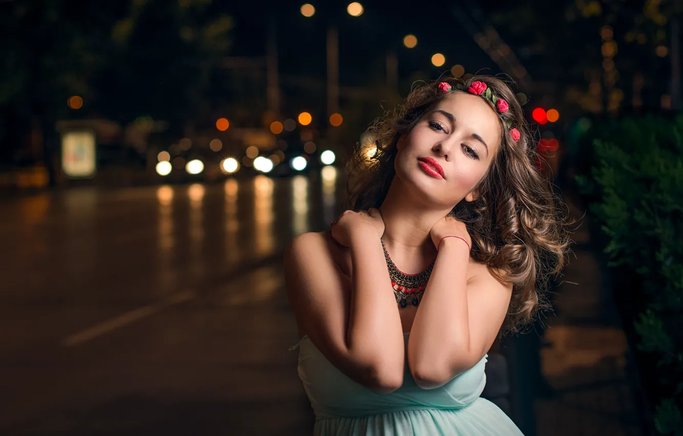 Photo wallpaper look, girl, flowers, night, nature, the city, smile, street