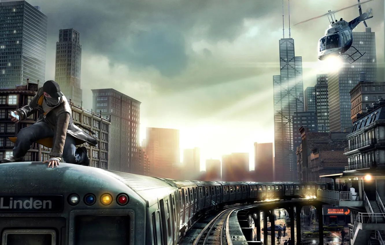 Photo wallpaper the sky, rays, the city, people, rails, train, home, chase