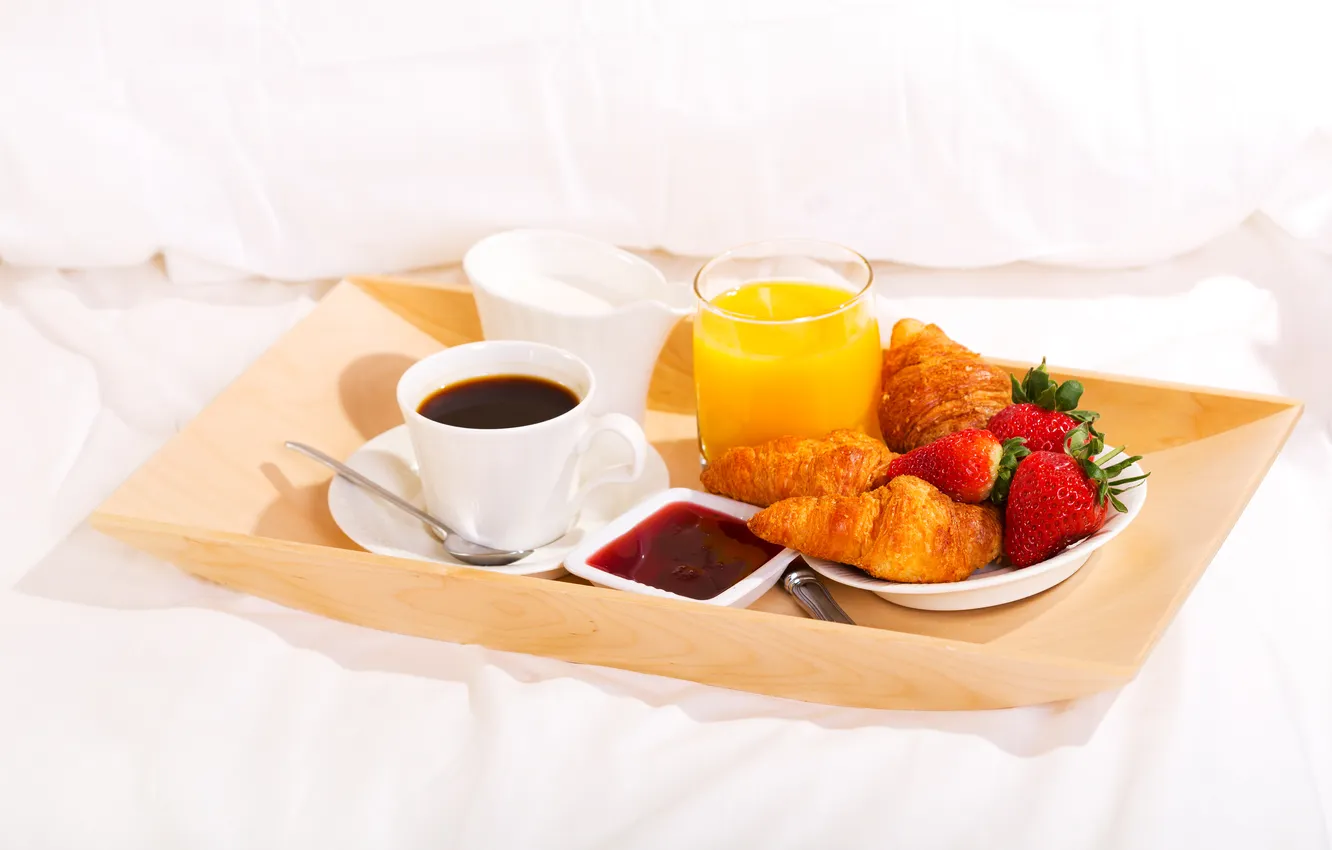 Photo wallpaper coffee, Breakfast, cream, strawberry, juice, bed, cup, jam