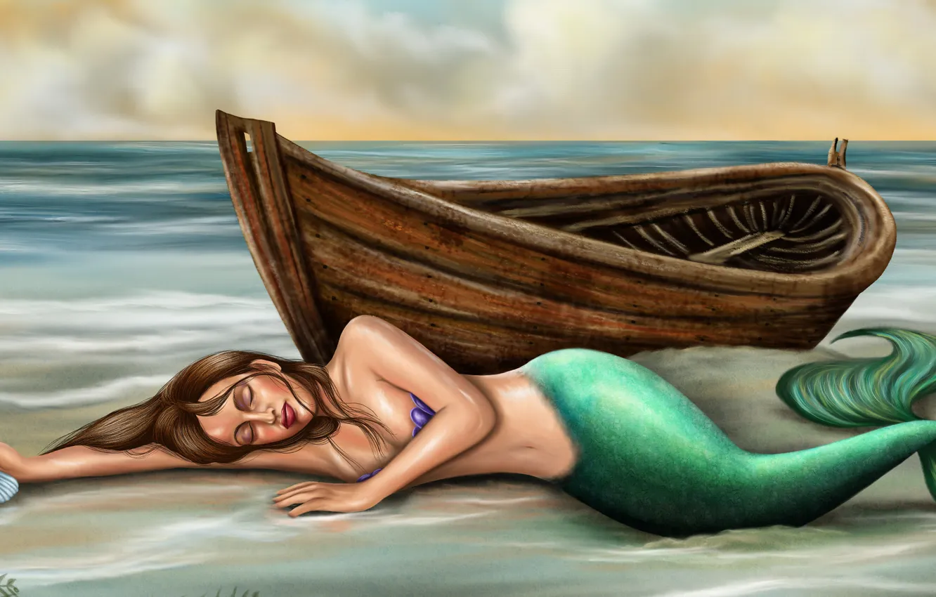 Photo wallpaper sand, sea, fiction, boat, hair, mermaid, hand, shell