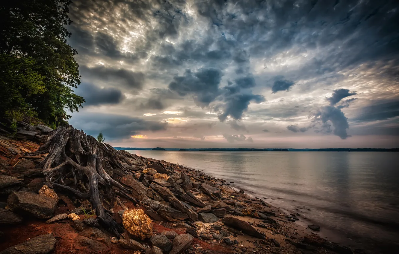 Photo wallpaper the sky, clouds, landscape, nature, lake, stones, coast, HDR