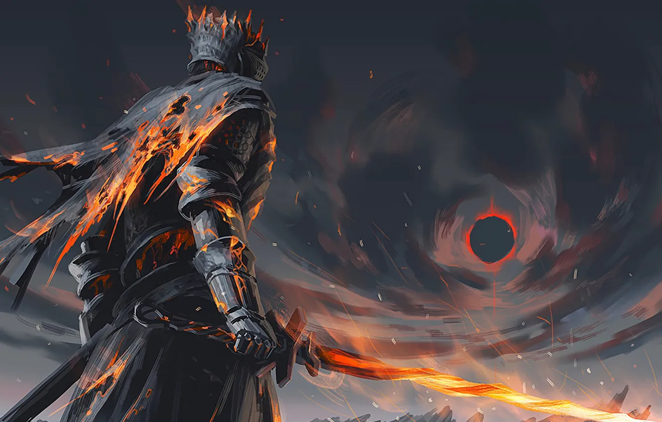 Photo wallpaper fire, sword, fantasy, game, armor, art, painting, artwork