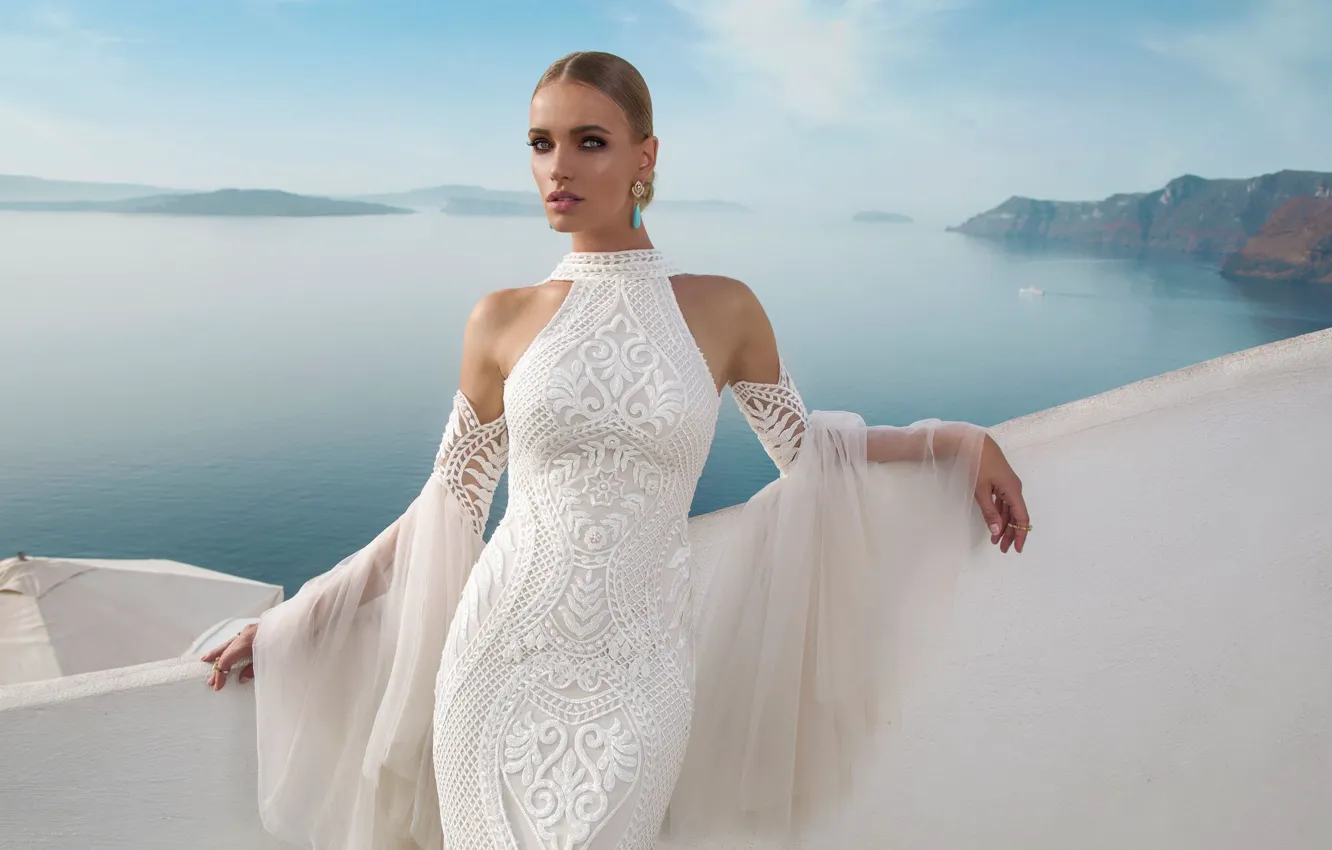 Photo wallpaper sea, girl, view, Santorini, white dress