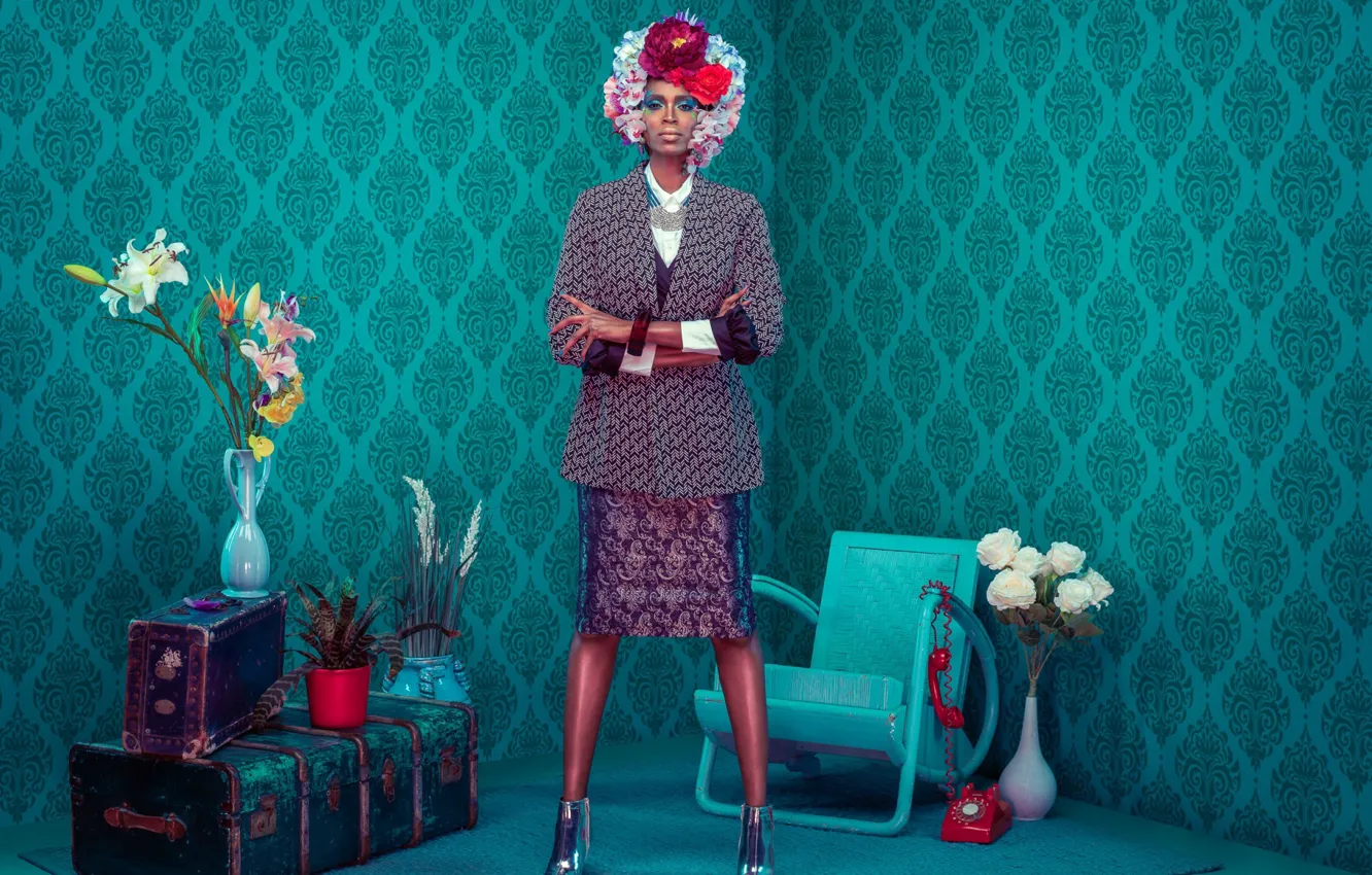 Photo wallpaper girl, retro, model, interior, African-American