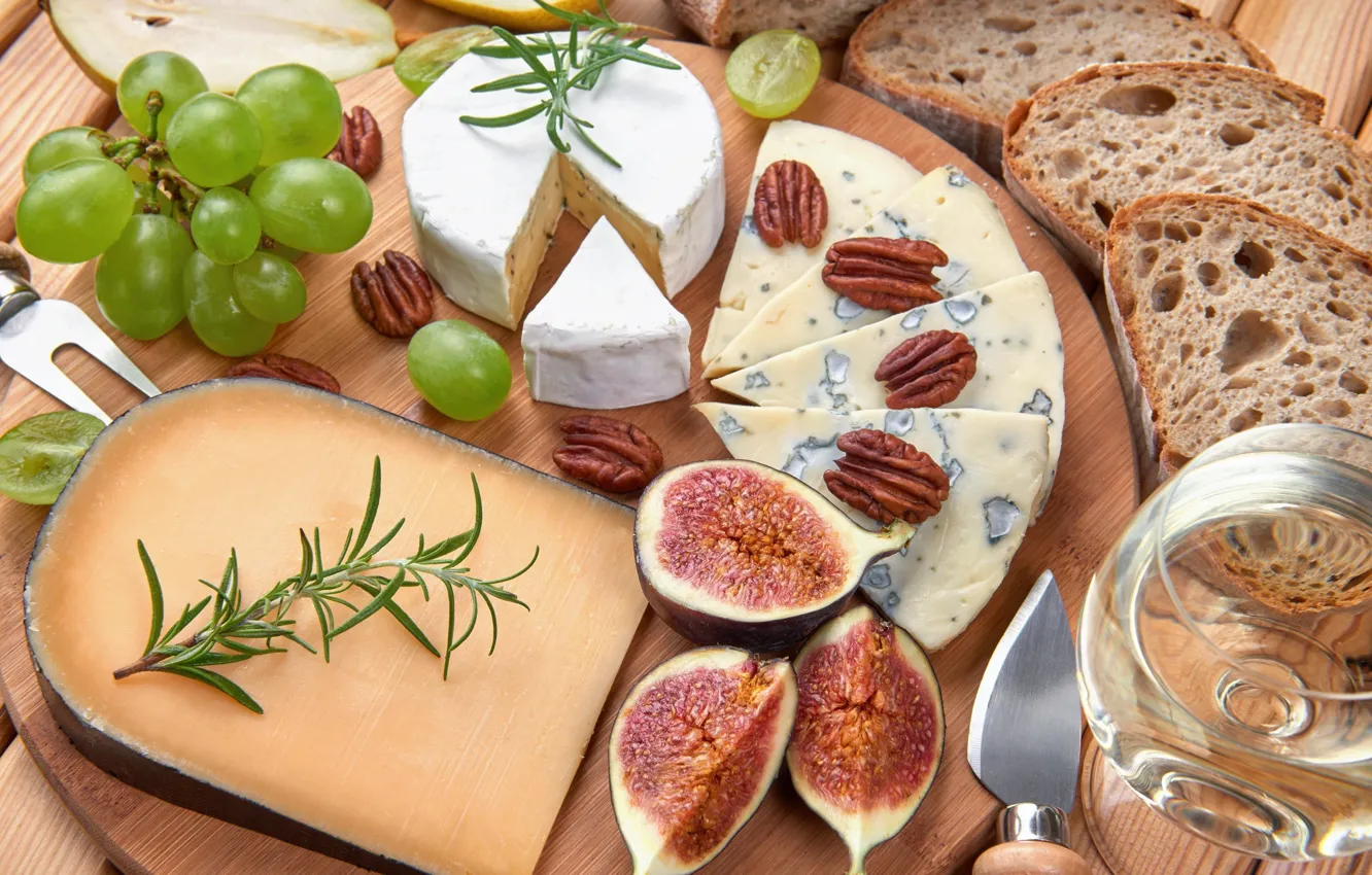 Photo wallpaper greens, food, cheese, bread, grapes, nuts, a glass of wine, figs