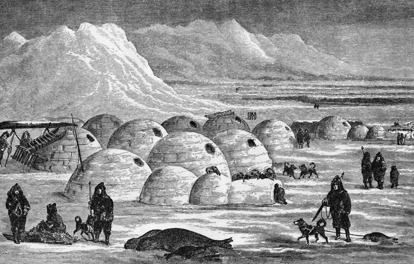 Photo wallpaper winter, dogs, the Eskimos, Needle, ice mountain, Chukotka, a domed hut