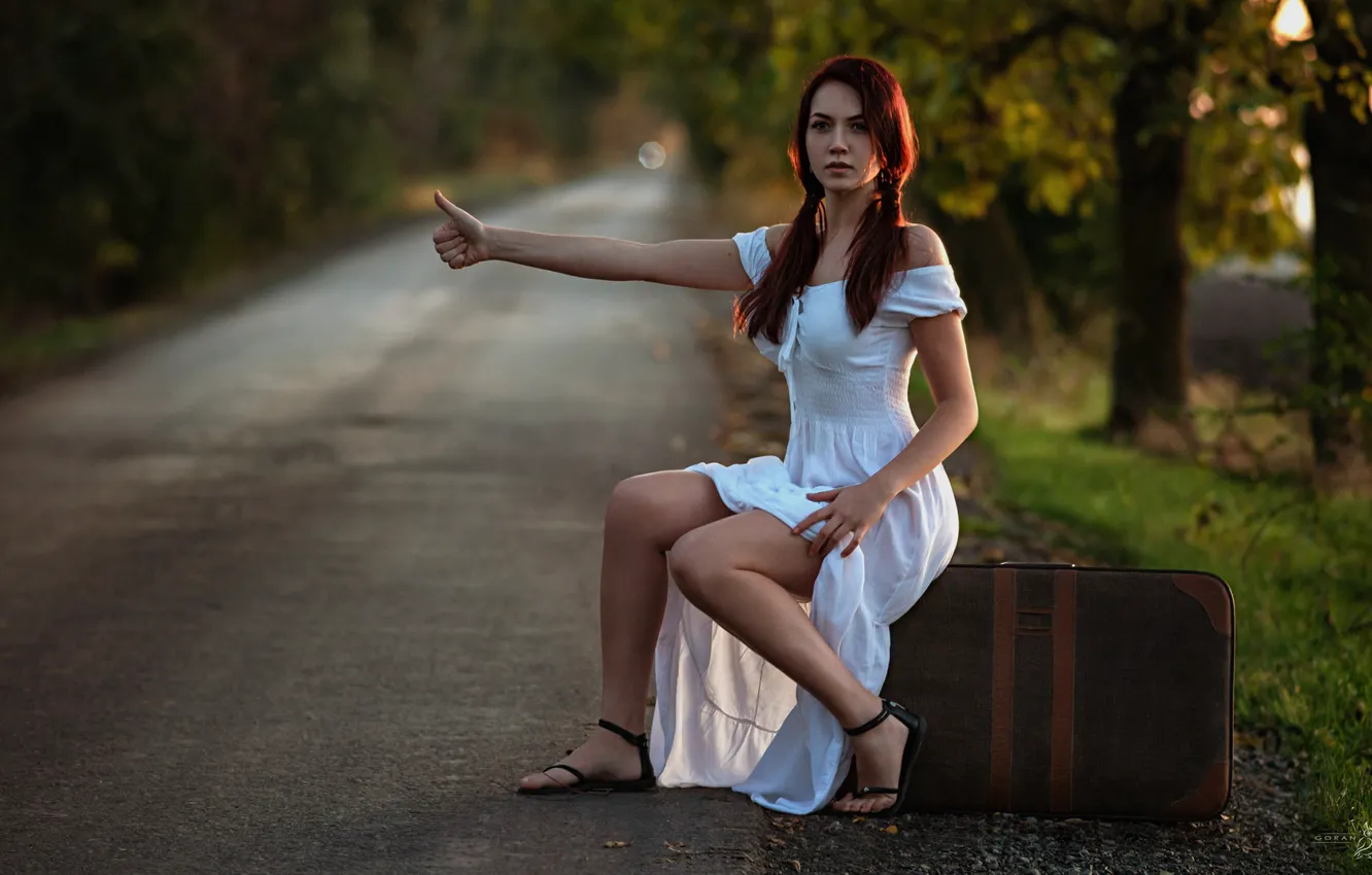 Photo wallpaper road, girl, pose, dress, suitcase, gesture, Goran Dobozhanov